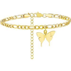imageTONY ampamp SANDY Ankle Bracelets for Women  Initial Butterfly Anklet for Women Stainless Steel Figaro Chain Summer Beach Waterproof Foot Jewelry Gifts GoldSilverL  Gold