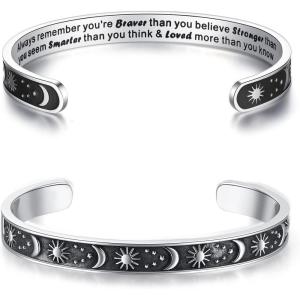 imageTONY ampamp SANDY Inspirational Bracelets for Women Teen Girls Personalized Gifts for Daughter Granddaughter Mom Sister Friends Stainless Steel Engraved Cuff Birthday Easter ChristmasA  Sun  Moon  Always remember youre braver than you believe
