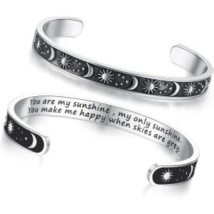 imageTONY ampamp SANDY Inspirational Bracelets for Women Teen Girls Personalized Gifts for Daughter Granddaughter Mom Sister Friends Stainless Steel Engraved Cuff Birthday Easter ChristmasA  Sun  Moon  You are my sunshine my only sunshine you make me happy when skies