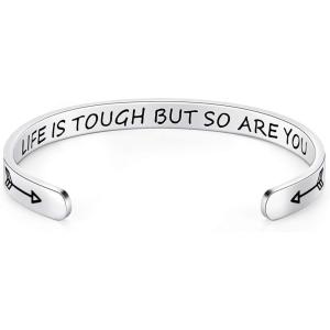 imageTONY ampamp SANDY Inspirational Bracelets for Women Teen Girls Personalized Gifts for Daughter Granddaughter Mom Sister Friends Stainless Steel Engraved Cuff Birthday Easter ChristmasA  Life is tough but so are you