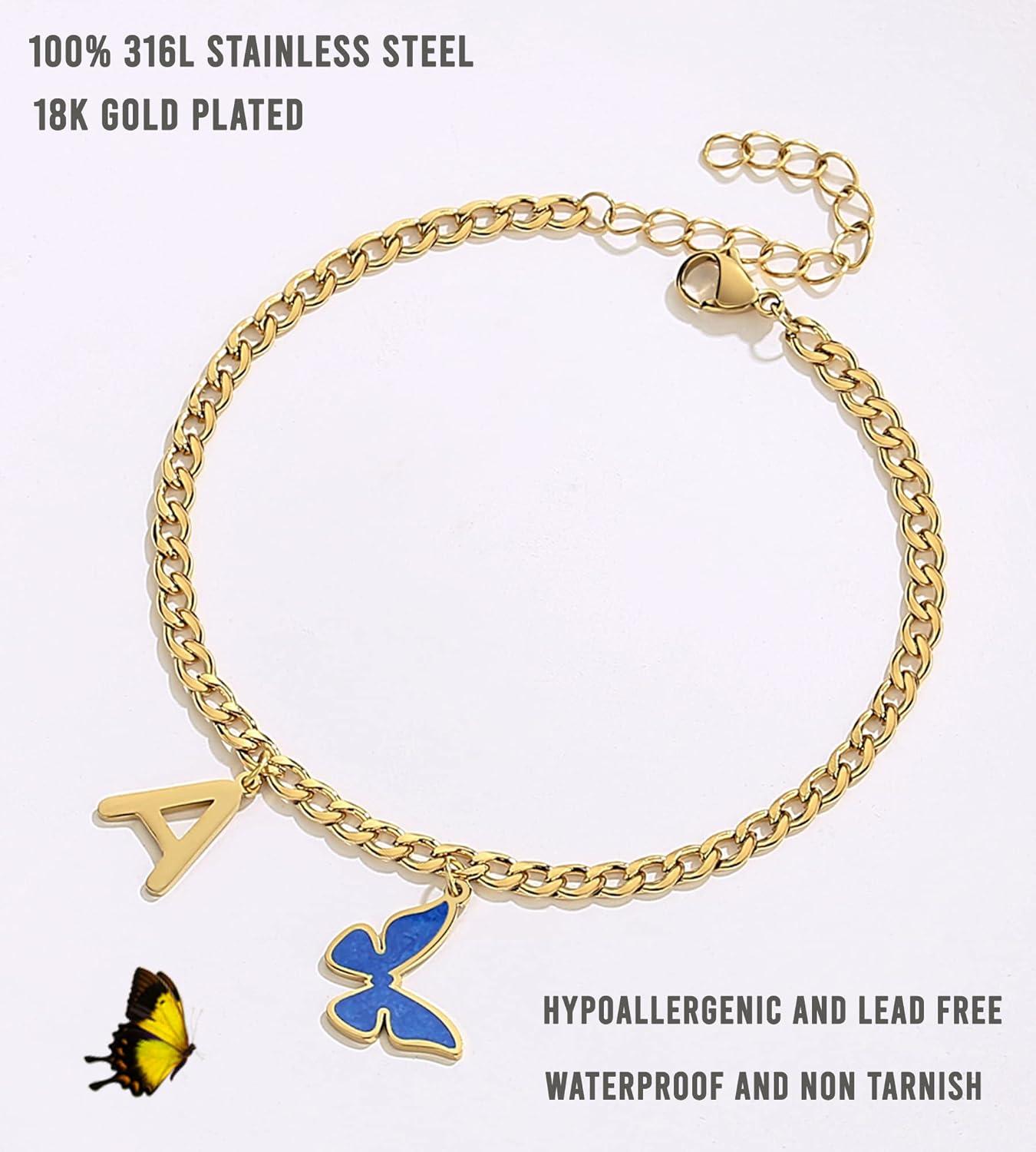 imageGold Anklets for Women  Ankle Bracelets for Women  Initial Butterfly Anklet for Women Teen Girls Jewelry Summer Beach Figaro Chain Anklet Personalized Birthday Mothers Day Graduation Gifts for Her