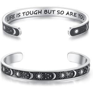 image:imageTONY amp SANDY Inspirational Bracelets for Women Teen Girls Personalized Gifts for Daughter Granddaughter Mom Sister Friends Stainless Steel Engraved Cuff Birthday Easter ChristmasA  Sun  Moon  Life is tough but so are you