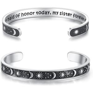image:imageTONY amp SANDY Inspirational Bracelets for Women Teen Girls Personalized Gifts for Daughter Granddaughter Mom Sister Friends Stainless Steel Engraved Cuff Birthday Easter ChristmasWedding Gifts  Sun  Moon  My maid of honor today  my sister forever